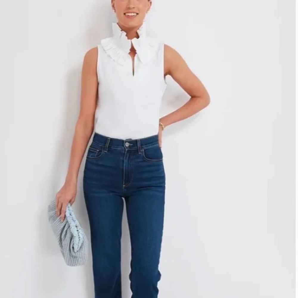 Tuckernuck White Stretch Poplin Ruffle Neck Bouvier Blouse